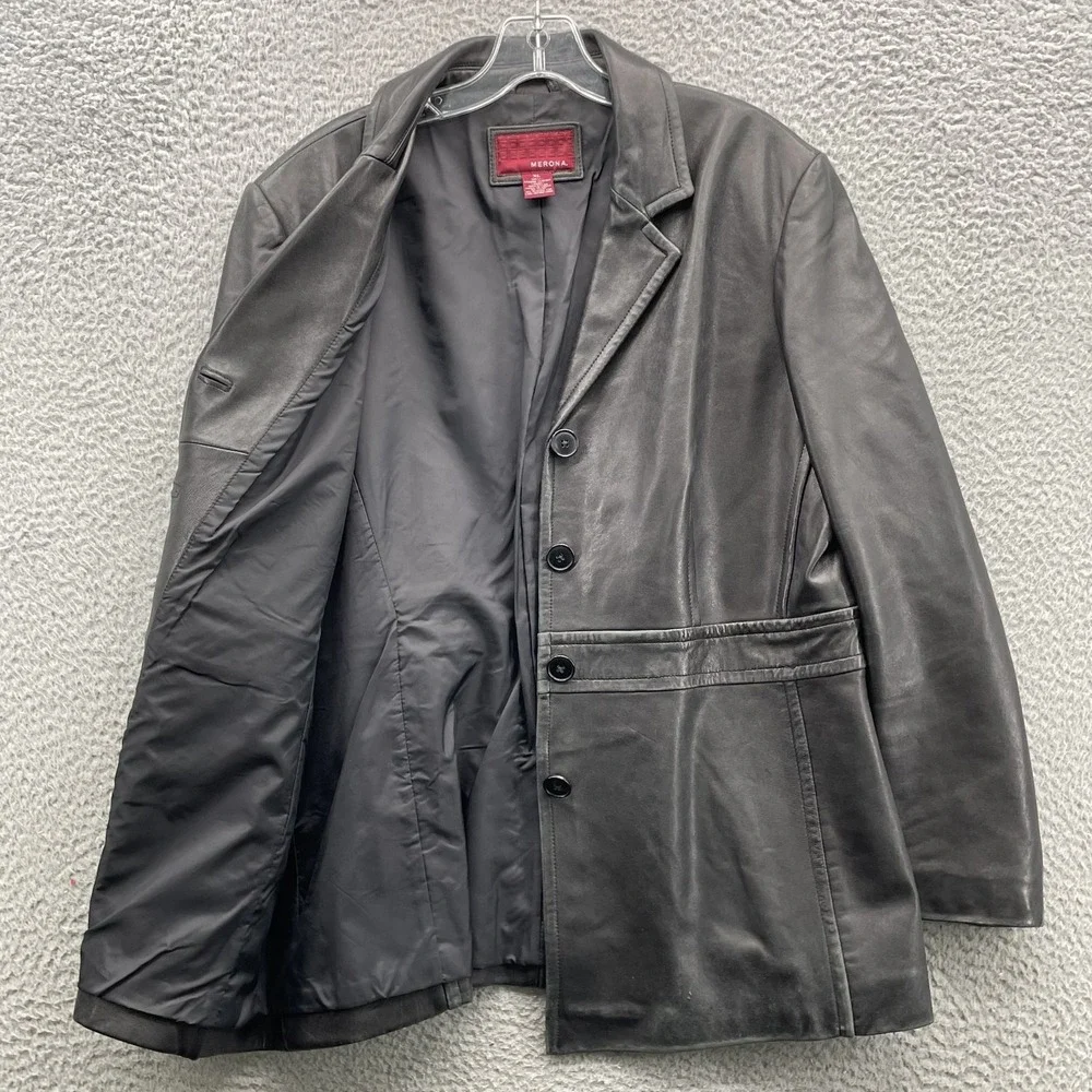 Merona 100% Leather Jacket Womens XL Long Coat Corpcore 90's Minimalist Academia